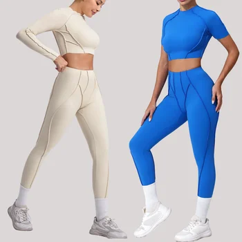 Seamless Yoga Sets Sports Fitness Hip-lifting High Waist Skinny Long-sleeved Suit Running Workout Gym Leggings Sets for Women 1