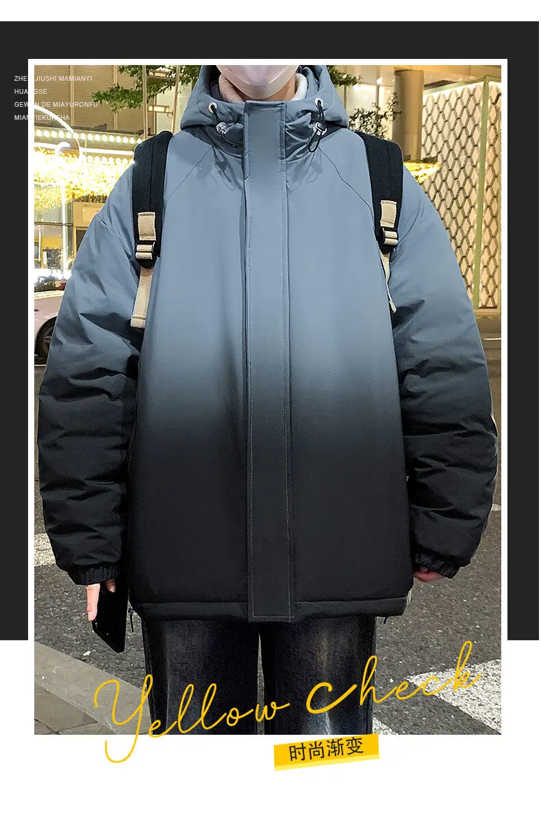 Lässige graue Entendaunenjacke mit Farbverlauf und Kapuze, 2025, Winter-Herren-Jugend-Streetwear-Mode-Puffermantel, dick gepolsterte Parkas-Kleidung – Detail 2