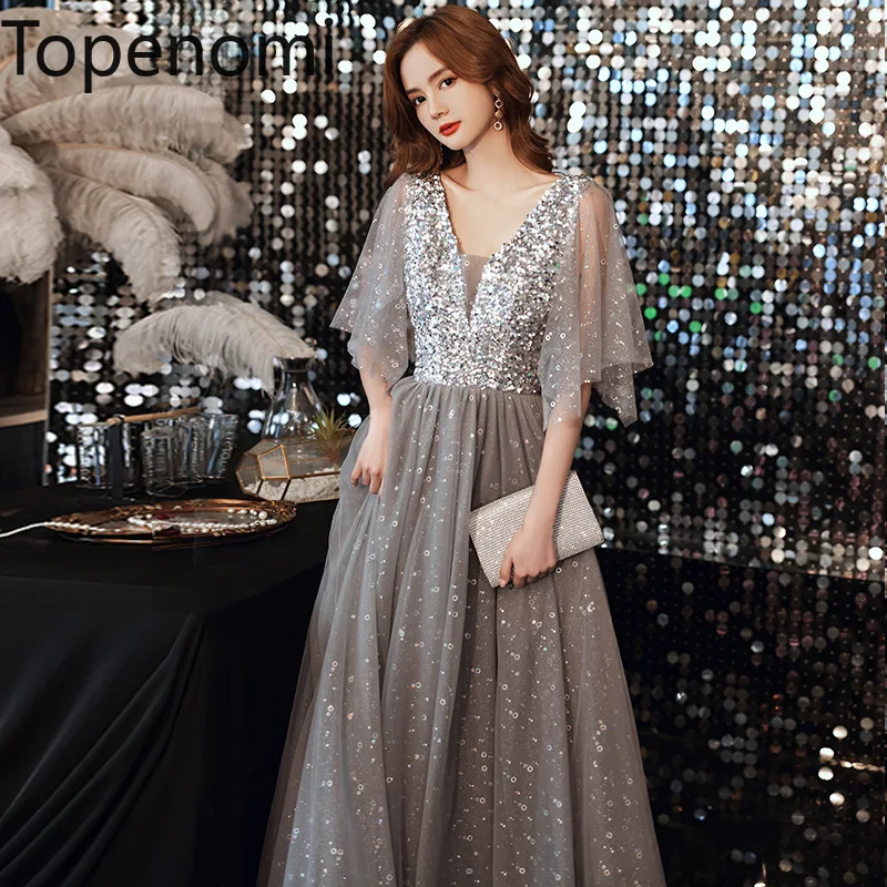 

Topenomi Fairy Birthday Party Dress Women French Luxury Sequins Flying Sleeve Waist Mesh Long Formal Evening Vestidos De Fiesta