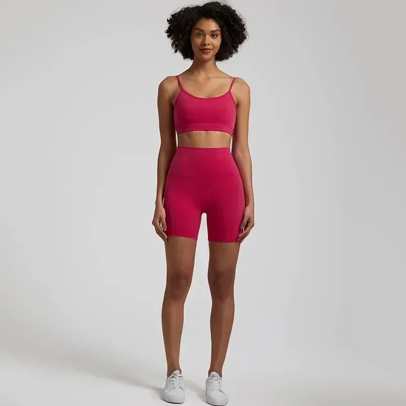 Lemon Soft Women Sport Suit High Waist Shorts Cross Fitness Bra 2pc Short Legging Yoga Set Gym Workout Training Hollow Out