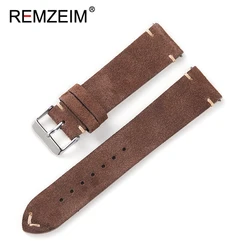Vintage Handmade Soft Suede Leather Watch Band with Retro Stitching - 20mm (Dark brown)