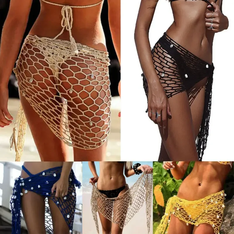 Fishnet Solid Color Shells Swimsuit Skirt Bikini Cover-Up Shawl Summer Beach Cover Up Women's Swimwear Triangle Wrap 1