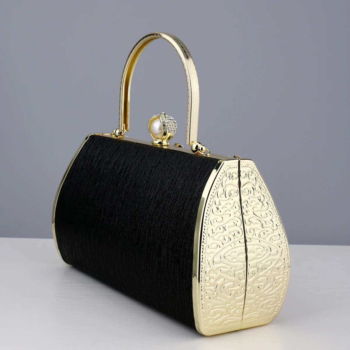 Golden Evening Clutch Bag with Diamonds and Flower Print