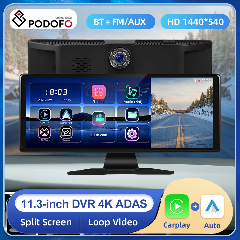 Podofo 11.3 Pollici Car Dvr 4K Foward Camera Adas Dash Cam Wireless Carplay Android Auto Monitor Airplay Screen Dashboard Recorder