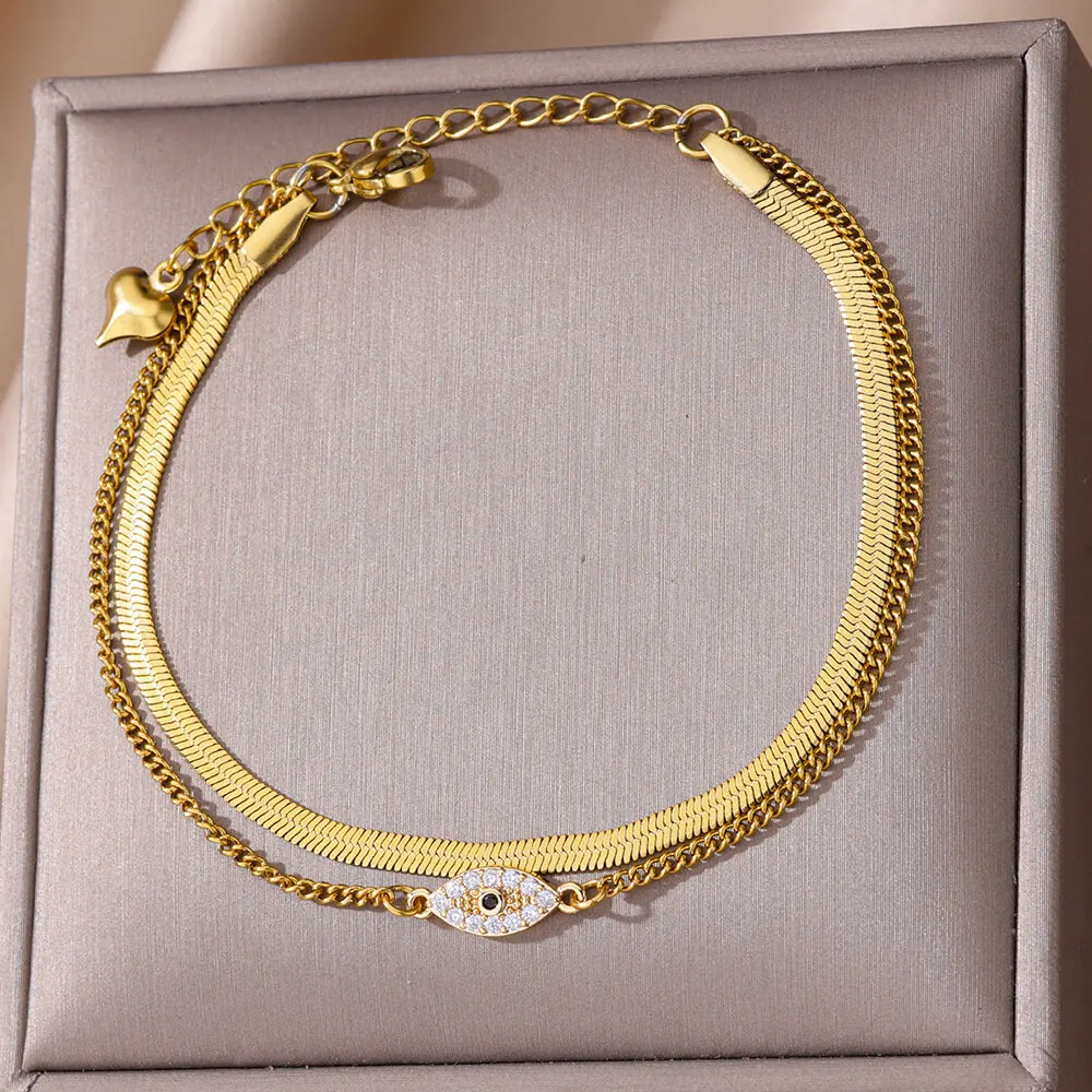 Zircon Evil Eye Anklets Gold Color Stainless Steel Double Snake Chain Anklet