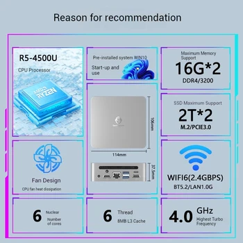GenMachine AMD Ryzen5 4500U New Mini PC AMD GPU Windows 11 DDR4 8GB RAM + 256GB SSD Wifi6 BT5.2 HD Pc Gamer Computer 2