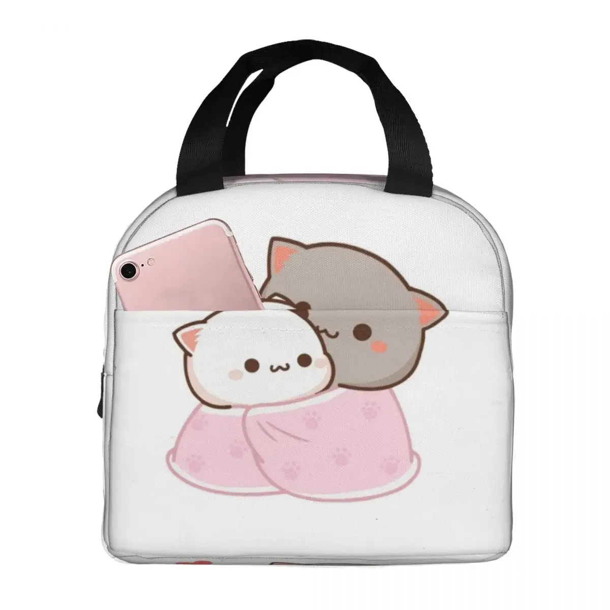 

Peach And Goma Cuddling Mochi Peach Cat Insulated Lunch Bags Waterproof Picnic Bags Lunch Tote for Woman Work Children School