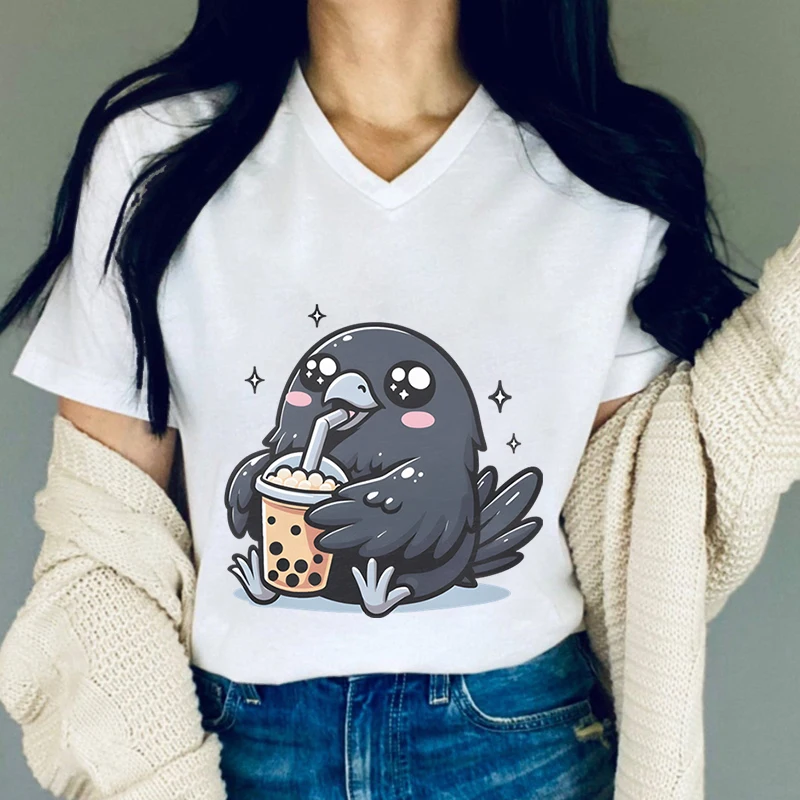 

2024 New Fashion Women's Bird Bobo Tea Printing T-shrits Short Sleeve T Shirt V Neck Basic Shirt Top Cartoon Animal Girls Tshirt