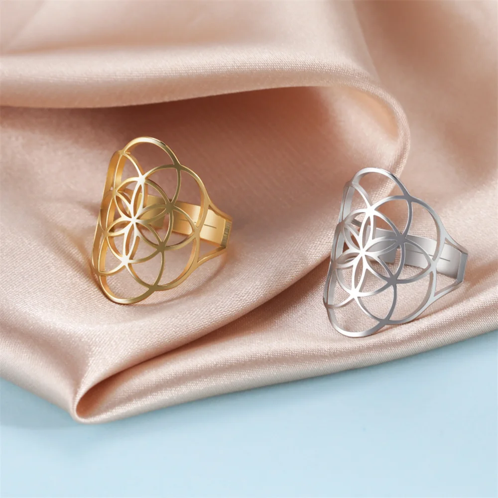 Stainless Steel Adjustable Finger Ring Flower Of Life Ring Hollow Archangel Amulet Sacred Geometry Wicca Jewelery For Women Men
