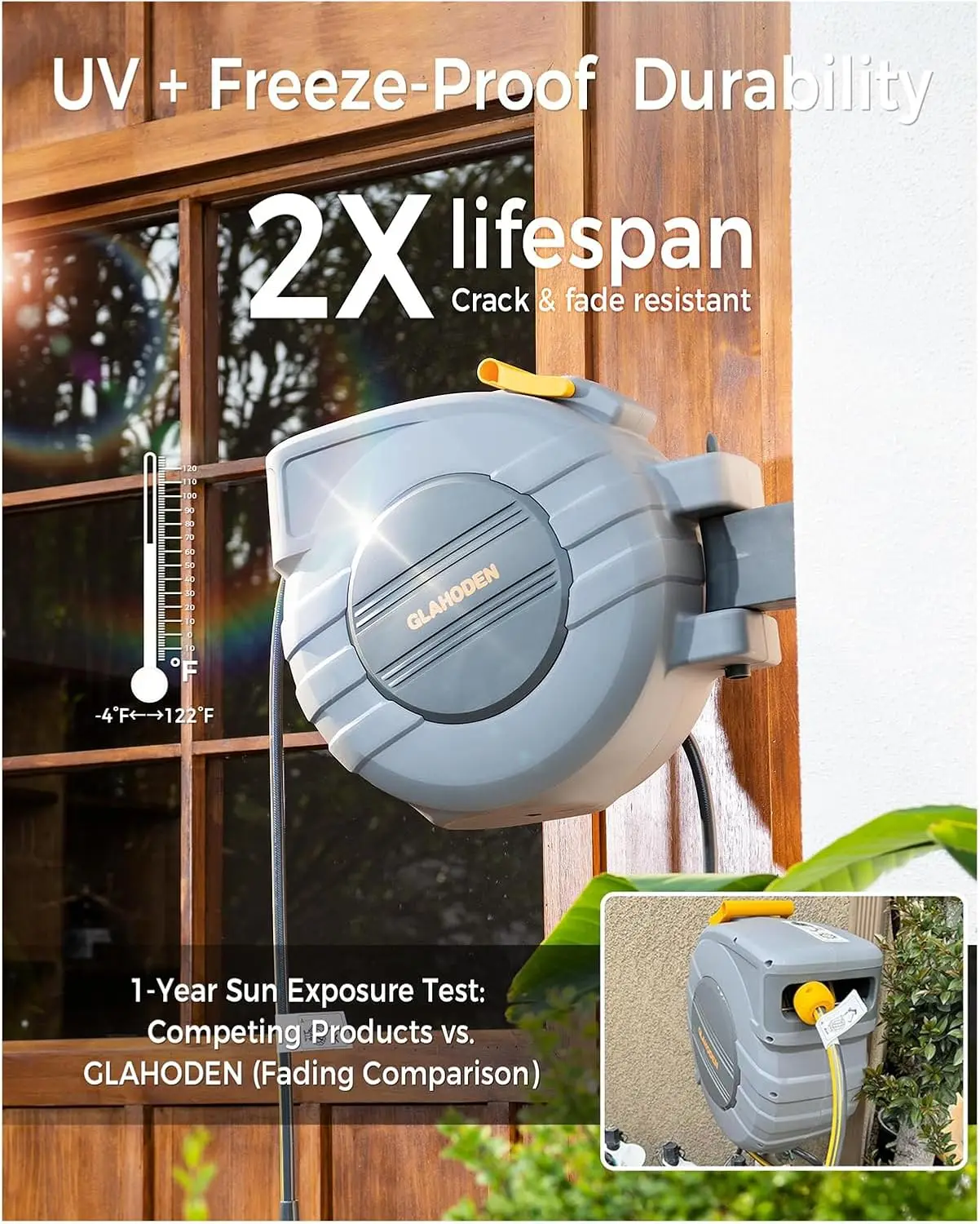 Retractable Garden Hose Reel 5/8 in x 100 ft Upgraded UV Resistant Heavy Duty Automatic Hose Reel Wall Mount 3/4 in Brass