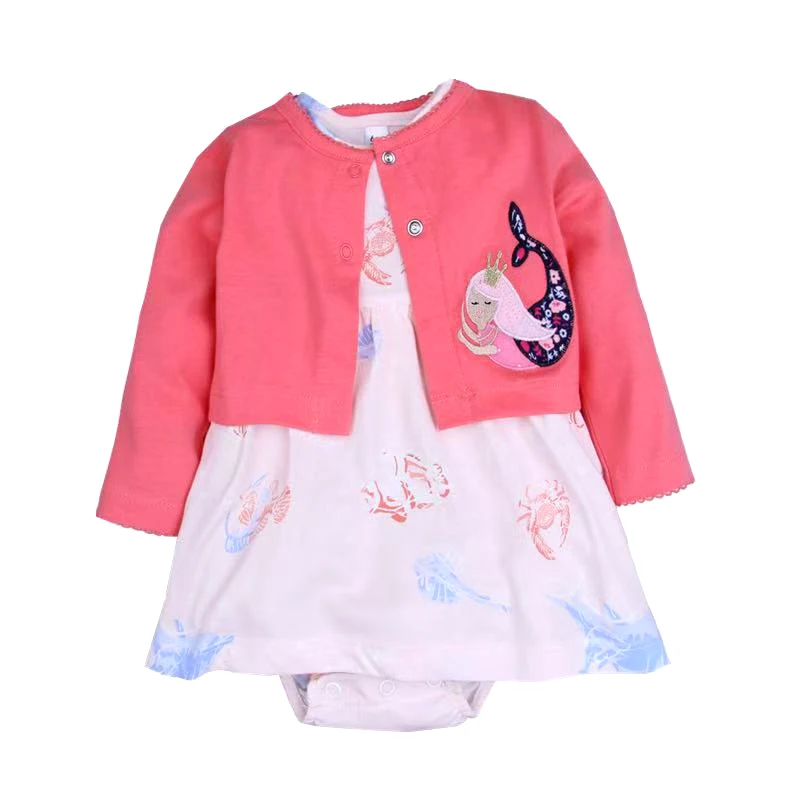 2Pcs  소녀 의류 세트 부드러운 면화 솔리드 오버코트 + 꽃 무늬  드레스 가을 패션 점프 슈트 키즈 소녀 바디 슈트 6-24M