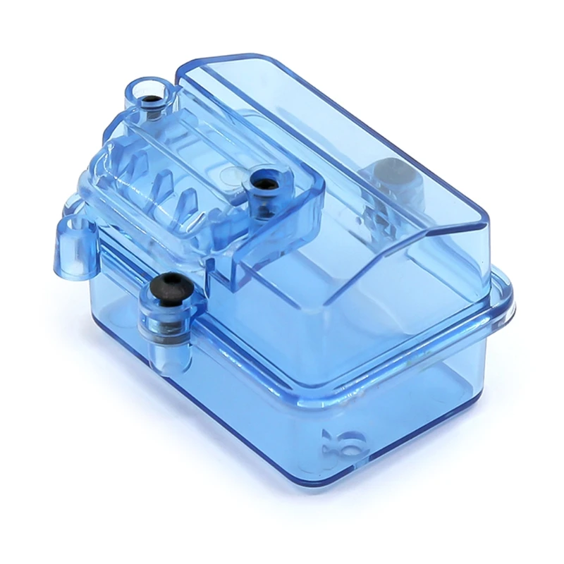 Vue en perspective du boîtier de protection transparent pour récepteur ESC, avec vis de fixation et joint torique visible