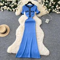 YuooMuoo Chic Fashion Sexy Packages Knitted Maxi Dress Spring Summer Vintage Denim Patchwork Long Sweater Dress Lady Vestidos - Image 2