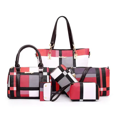 6PCS Women's Bag Set Fashion PU Leather Ladies Handbag Grid Print Messenger Shoulder Bag Wallet Bags women evening bag canvas messenger bag