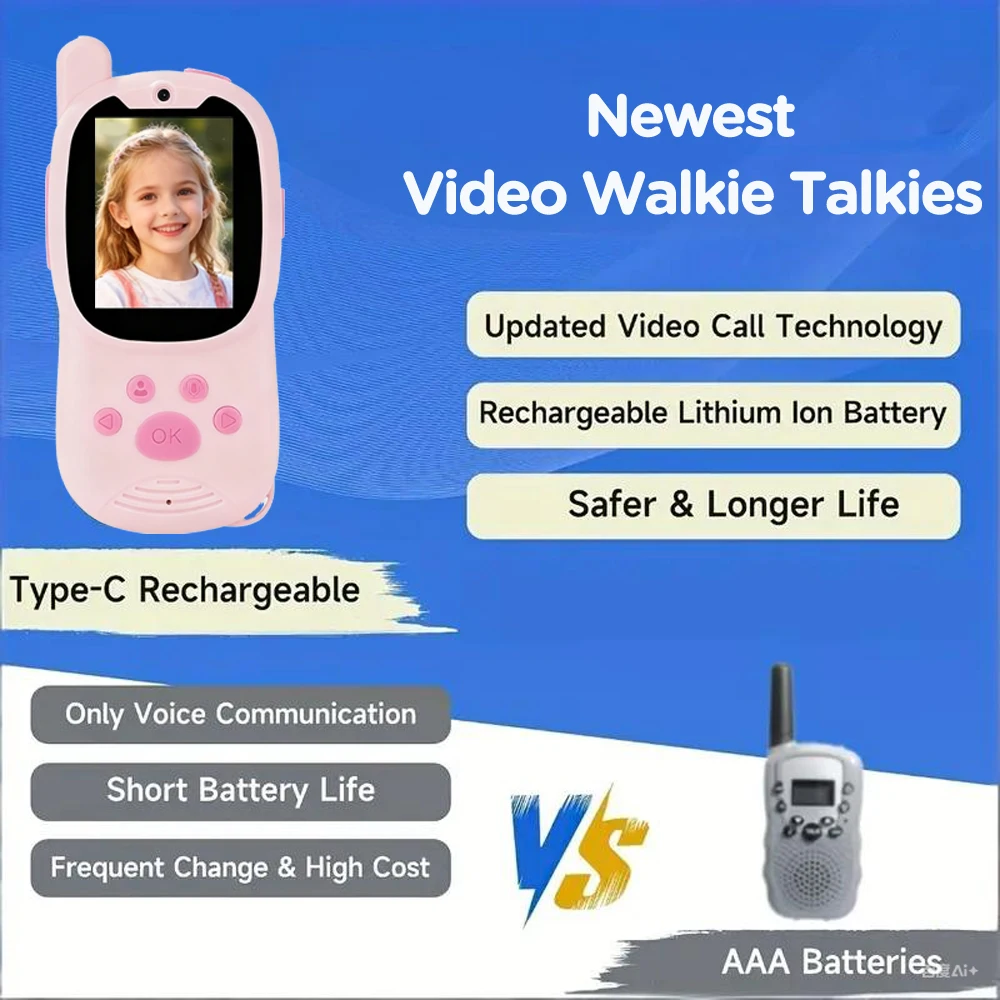 2pcs Rechargeable Video Walkie Talkies Kids Handheld Intercom Built-in Camera Video Indoor outdoor Family Games Camping Hiking