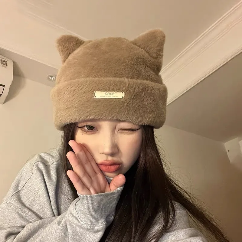 

Вязаная шапка с кошачьими ушками женская, милая Шапка-бини из искусственной норки, однотонный пуловер в Корейском стиле, Теплая Шапка-бини, Осень-зима