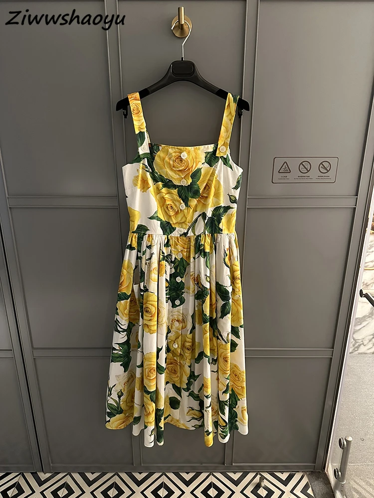 

High Quality Summer Women Fashion Runway Designer Yellow Floral Printed Sexy Spaghetti Strap High Waist Big Swing A-Line Dresses