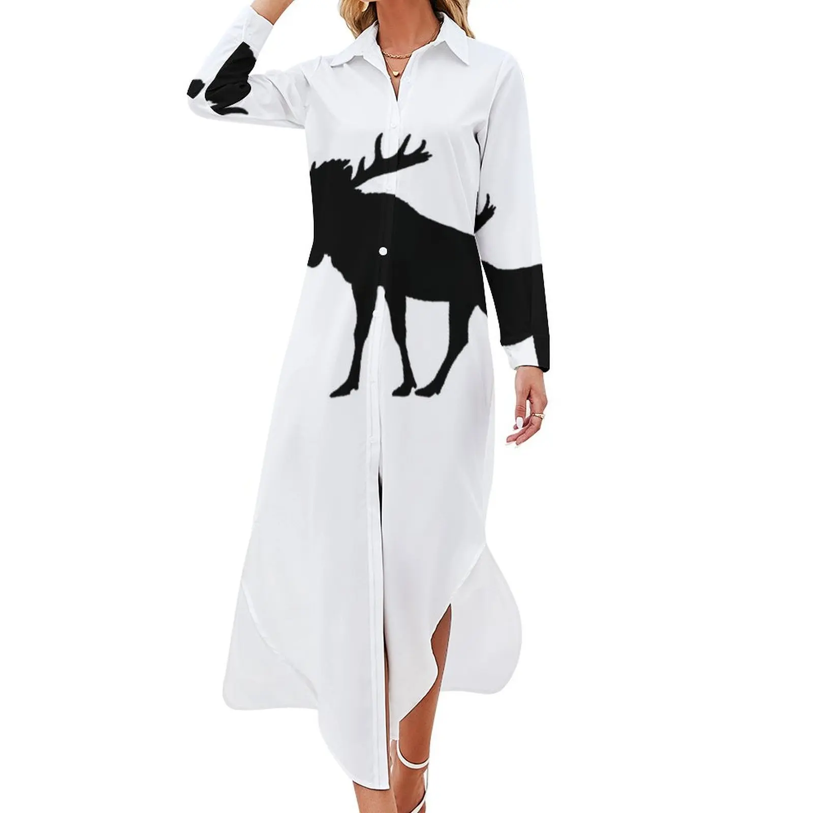 

Женское летнее платье-рубашка с длинным рукавом и лосями