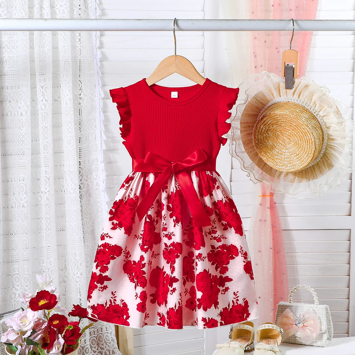 Sierra Leone Kid Short Sleeve Dress Red Hibiscus Floral Design TS04