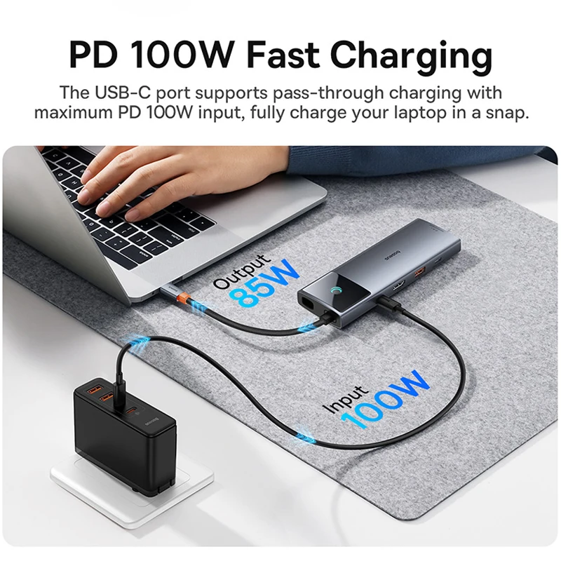 Baseus-hub Usb tipo c 10gbps 4k 60hz Hdmi Rj45 Ethernet pd 100w para Macbook Ipad Sumsang pc Tablet Telefone Usb 3.2 Hub Gen 2 - Imagem 2