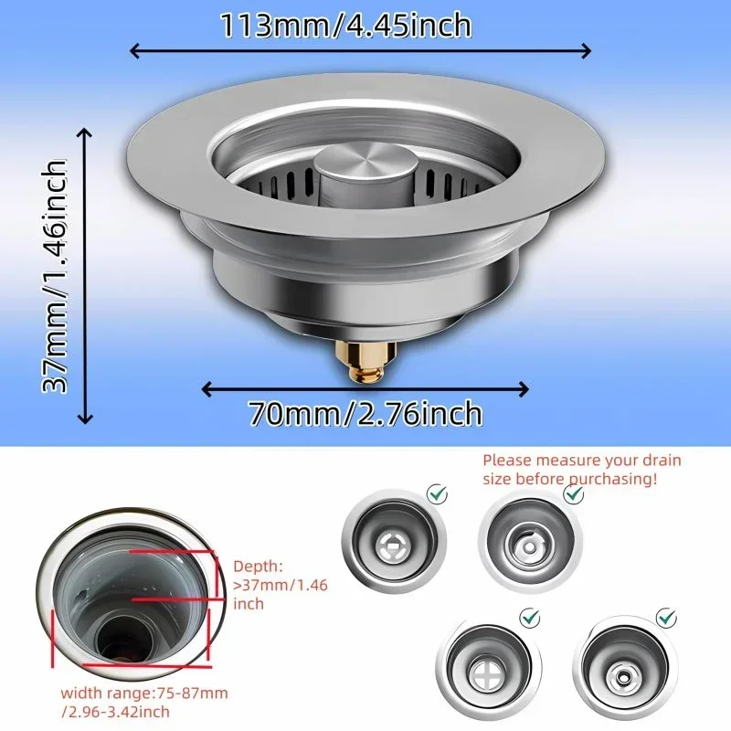 3 in 1 Kitchen Sink Strainer Stainless Steel Pop-Up Stopper Removable Anti Clogging Food Strainer