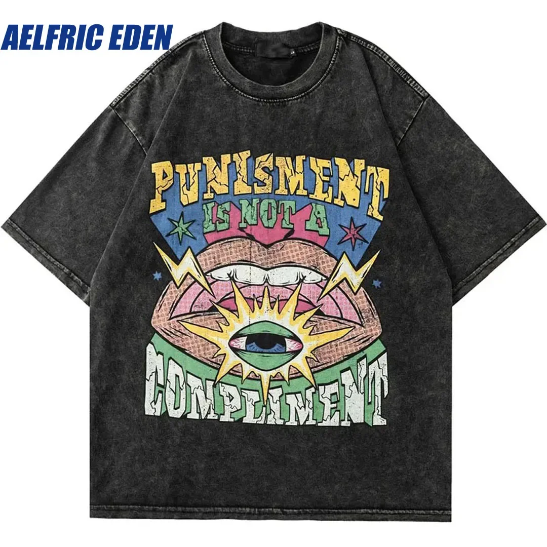 

Aelfric Eden Vintage Men Streetwear T-Shirt Hip Hop Cartoon Eye Graphic Print Punk Gothic Tshirt Harajuku Washed Tee Shirts Tops