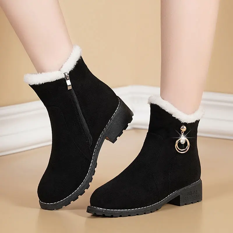 New Women Boots Winter Outdoor Keep Warm Fur Boots Waterproof Women's Snow Thick Heel with Round Head Short Boot