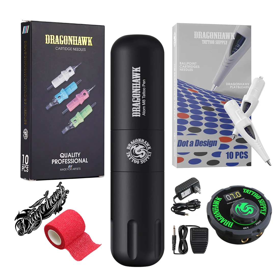 

Dragonhawk M8 Rotary Tattoo 3.5mm Stroke Machine with Mini Power Supply Makeup Ballpoint Cartridges for Beginner Practice Kit