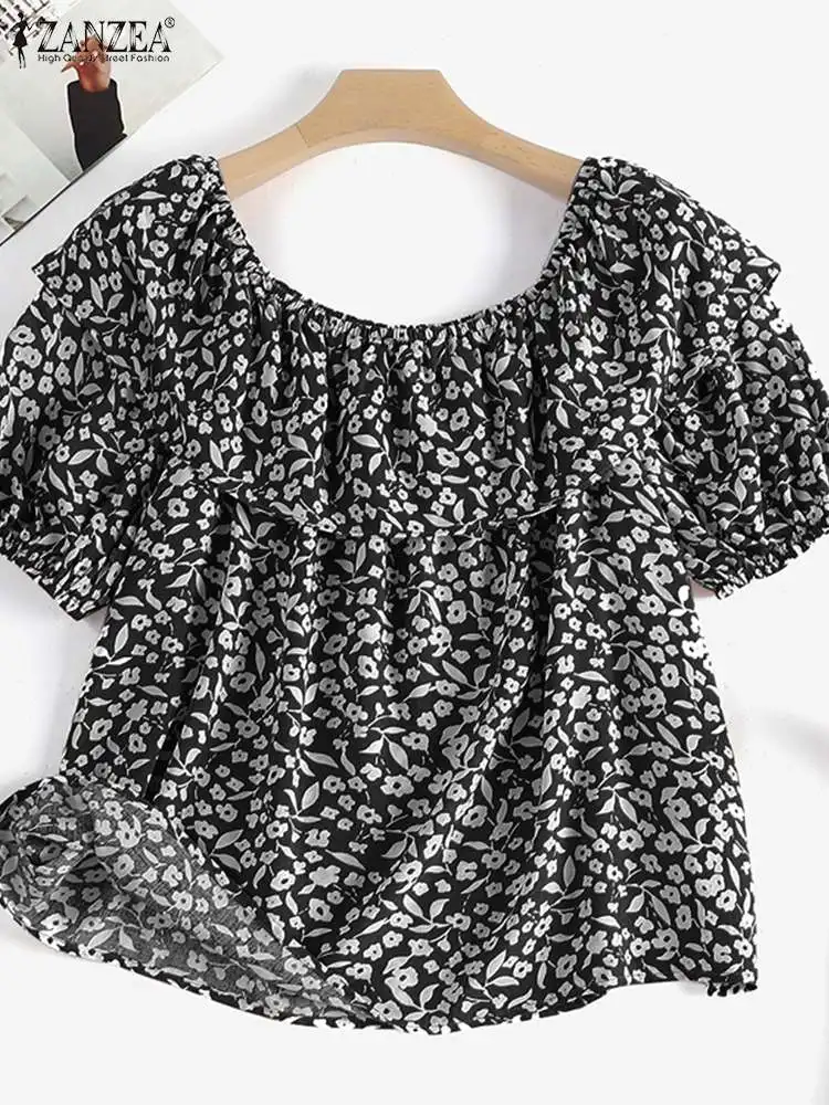 Zanzea Holiday Elastic Tunics Women Fashion Summer Blouses Bohemian Printed Short Sleeve Tops Sexy Off The Shoulder Flare Shirts