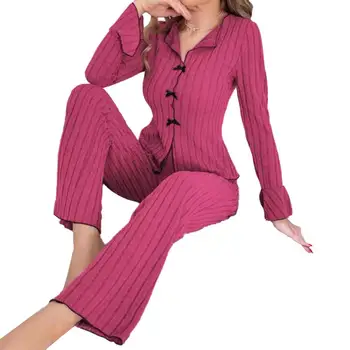 Women 2 Piece Lounge Set Ribbed Button Down Lapel Collar Bowknot Pajamas Set Long Sleeve Soft Comfy Pajamas Set Women Nightwear