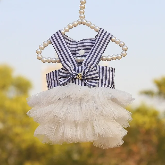 Dog Princess Dresses Puppy Bow Knot Dress Pet Tutu Dresses Striped Mesh Puppy Cat Princess Summer Dresses for Small Medium Cat 4