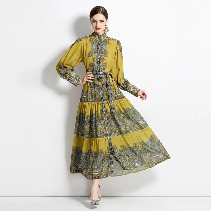 

Women's Dress Palace Style Fashion Print Long Sleeve Large Swing Single Breasted Stand Collar Long Dress Free Shipping