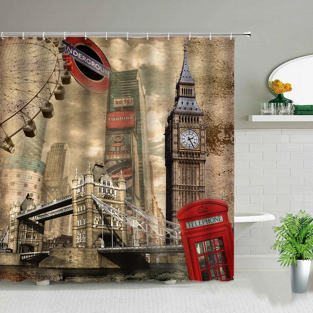 

Retro Paris Building Shower Curtains Famous Romantic Eiffel Tower Themed Bathroom Waterproof Fabric Bath Curtains with Hooks