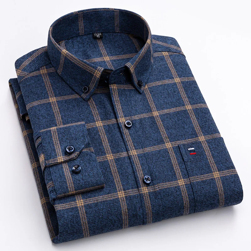 100% cotton men's long-sleeved shirt plaid front chest embroidered patch pocket regular fit everyday casual soft business shirt