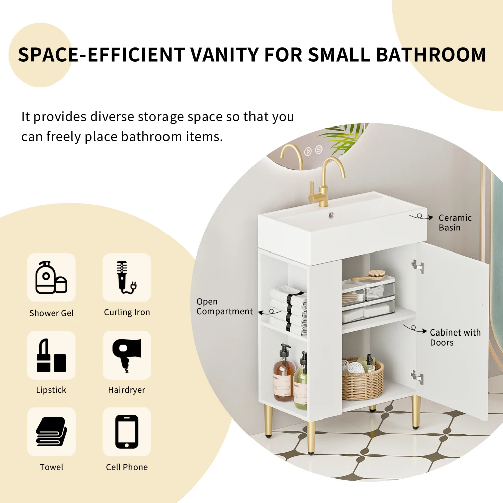 21.6" Open-shelving Bathroom Vanity With Ceramic Sink And Soft-Closing Door, Cloakroom Open Shelf Storage Cabinet On The Left Si 3
