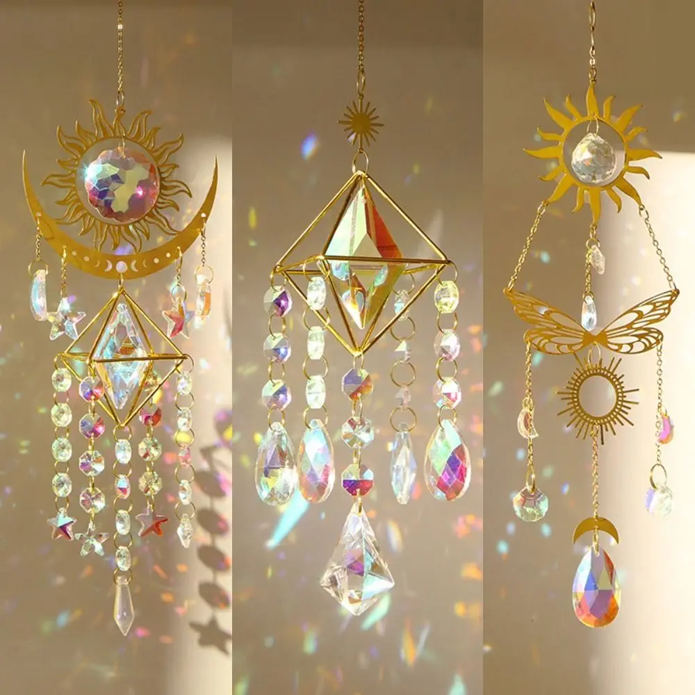 Sun Moon Star Crystal Sun Catcher Rainbow Prism Balcony Yard Hanging Wind Chimes Stained Glass Party Decor Window Drop Bell