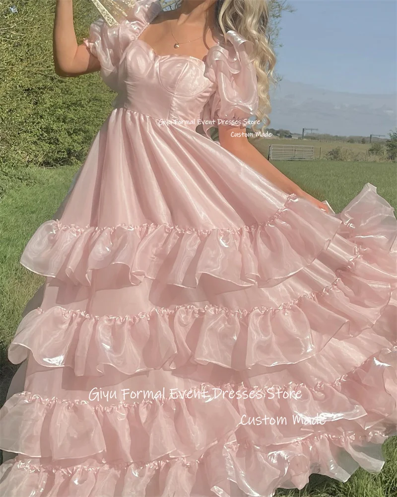 

Giyu Princess Light Pink Evening Dresses Puff Short Sleeves Sweetheart Tiered Layered Prom Gowns Formal Birthday Party Dress