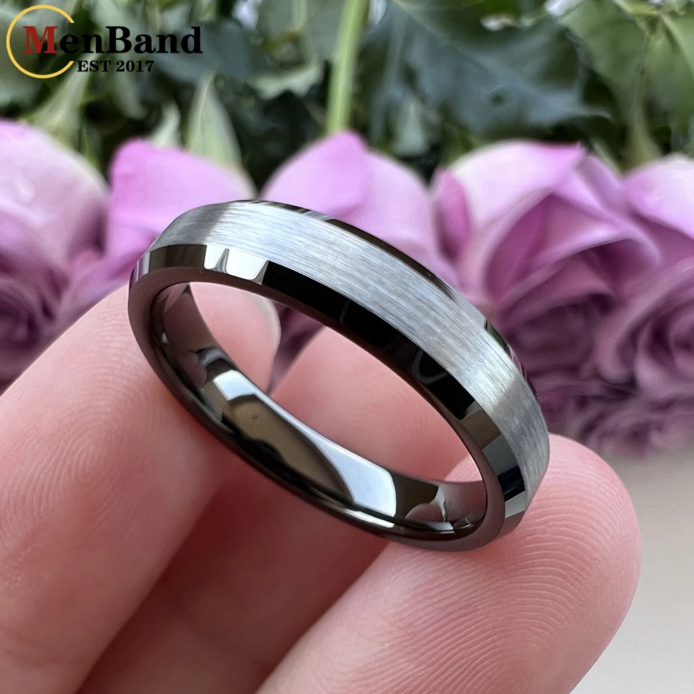 MenBand Fashion Gold Color 4MM Men Women Tungsten Carbide Wedding Ring Beveled Polished Brushed Finish Comfort Fit Size 4-12