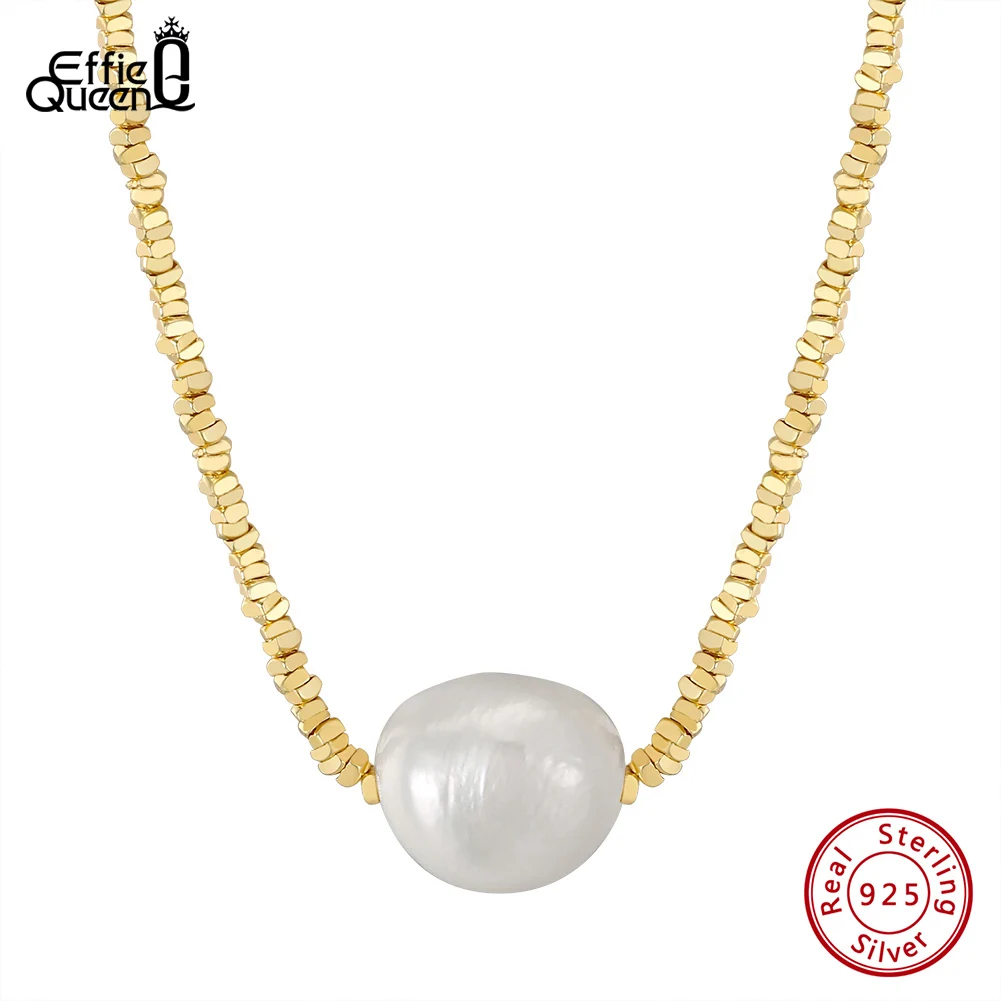 

EFFIE QUEEN 925 Sterling Silver Nugget Chain Necklace 14K Gold Cultured Freshwater Pearl Choker Necklace for Women Jewelry GPN36