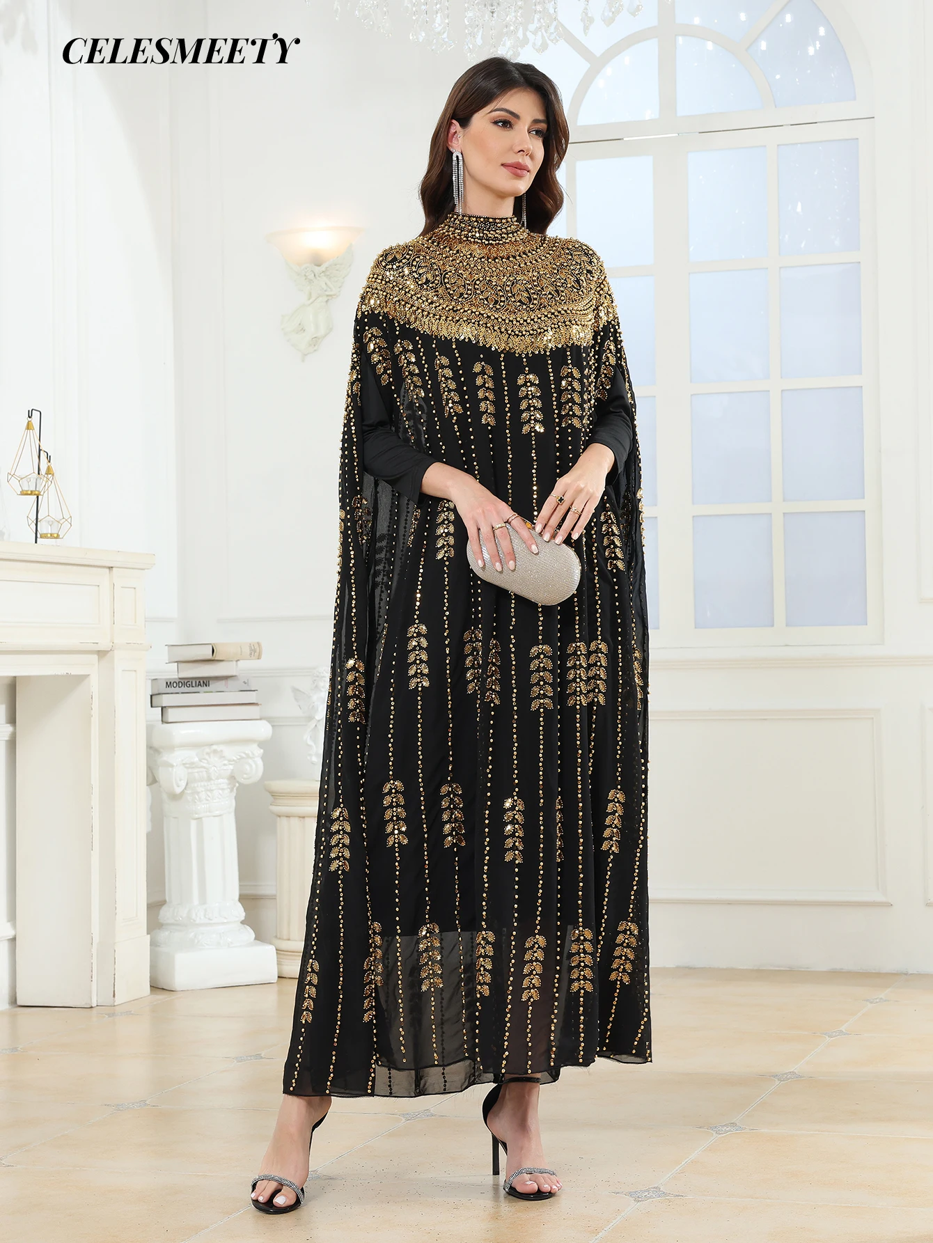 Luxury Women's Royal Black Gold V-Neck Sequin Embroidered Arabian Abaya Cloak Sleeve Dress, Suitable For Parties, Weddings, Fami 5