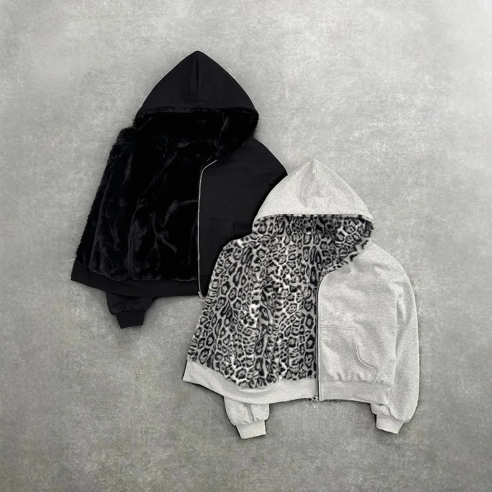 Leopard Print Unisex Hooded Sweatshirt Casual Zip Up Cardigan