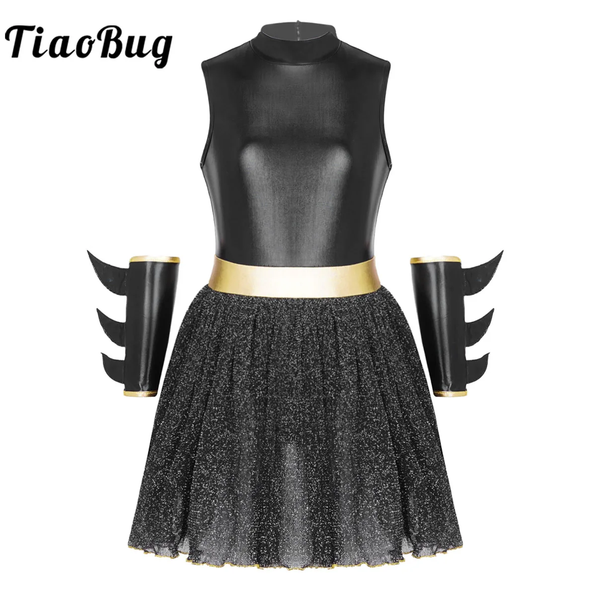 

Kids Girls Black Tutu Leotard with Arm Sleeves Dancewear Outfits Devil Cosplay Dress Up Ballet Skating Rave Jazz Dance Costume