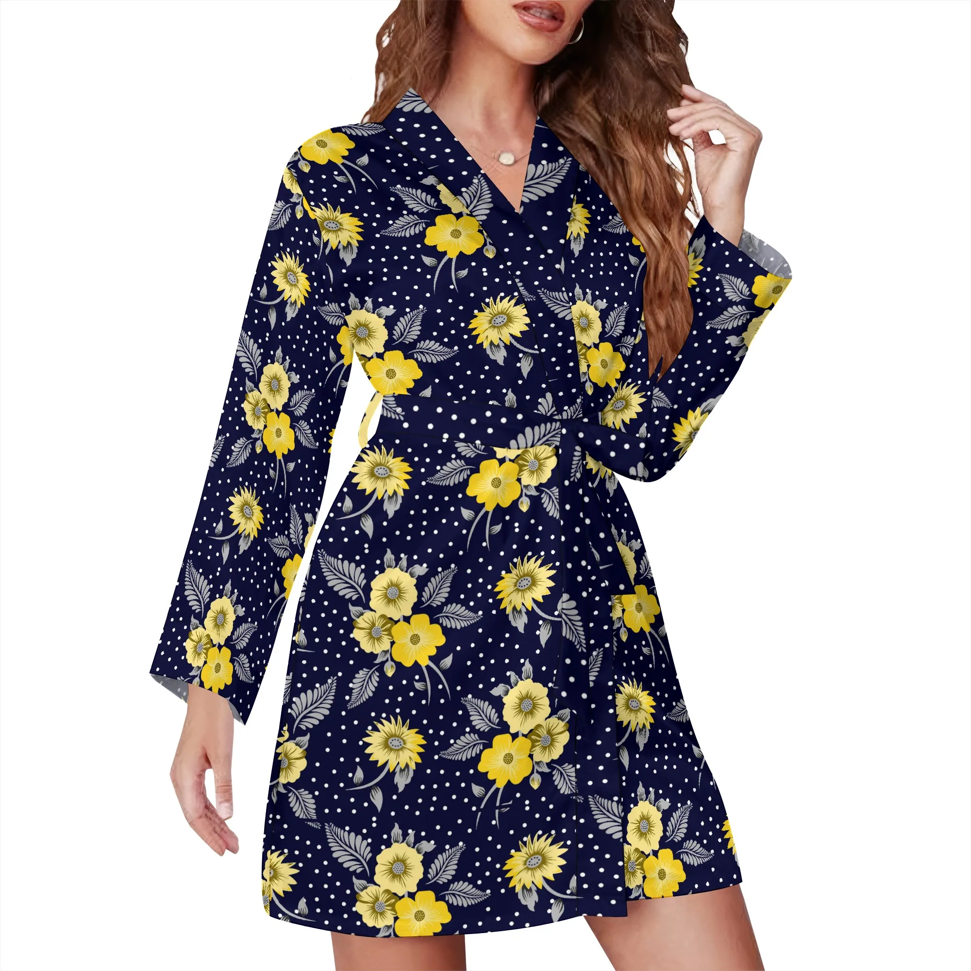Damen Langarm-Satin-Nachthemd mit Taillengürtel, Modisches Gemustertes Bedrucktes Sexy Nachthemd – Detail 1