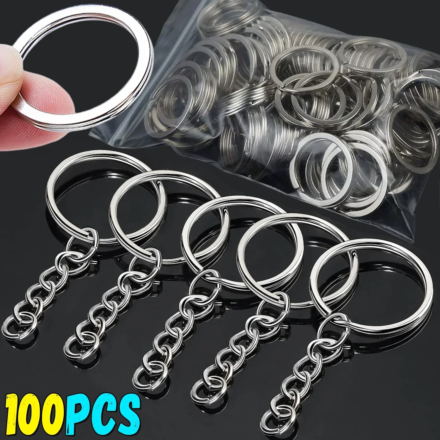 50/100pcs Stainless Steel Hole Flat Key Ring DIY Bag Pendant Buckles Making Polished Keychains Line Split Rings Jewelry Findings