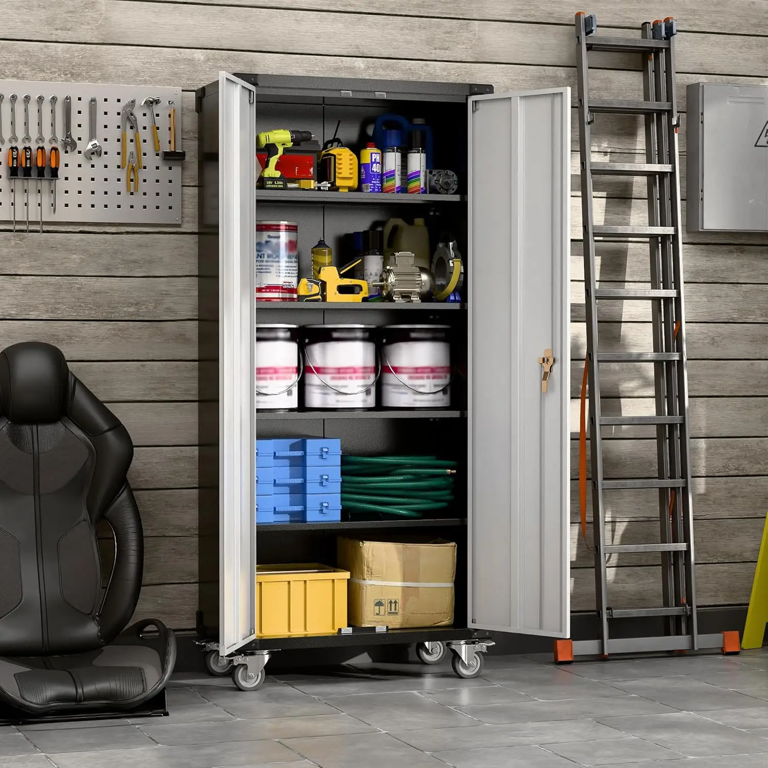 Garage Storage Cabinet with Wheels,72" Metal Storage Cabinet with 2 Doors and 4 Adjustable Shelves, Lockable Rolling Cabinet 2