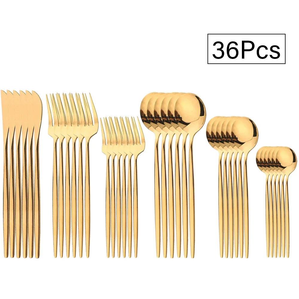 36Pcs Stainless Steel Gold Cutlery Sets Mirror Knife Fork Dessert Spoon Flatware Korean Dinnerware Set Luxury Tableware Set