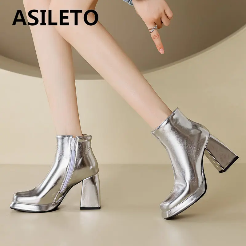 

ASILETO Brand Concise Women Ankle Boots Square Toe Chunky Heels 9cm Platform Zipper Large Size 45 46 Mature Dating Winter Bota