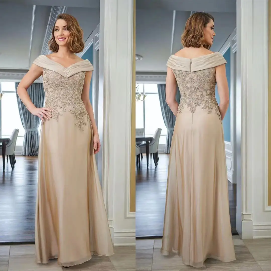 

New Chiffon Mother Of The Bride Dresses V-Neck Off-Shoulder Short Sleeve Pleat Lace Applique Beaded Crystal Evening Prom Gown