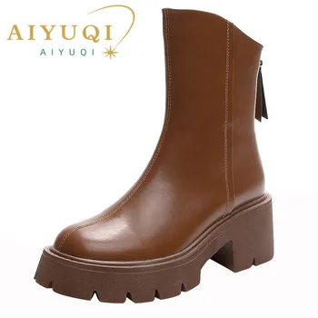 AIYUQI Women Booties Genuine Leather British Style Short Boots Women Retro Back Zipper High Heels Western Cowboy Boots Women 1