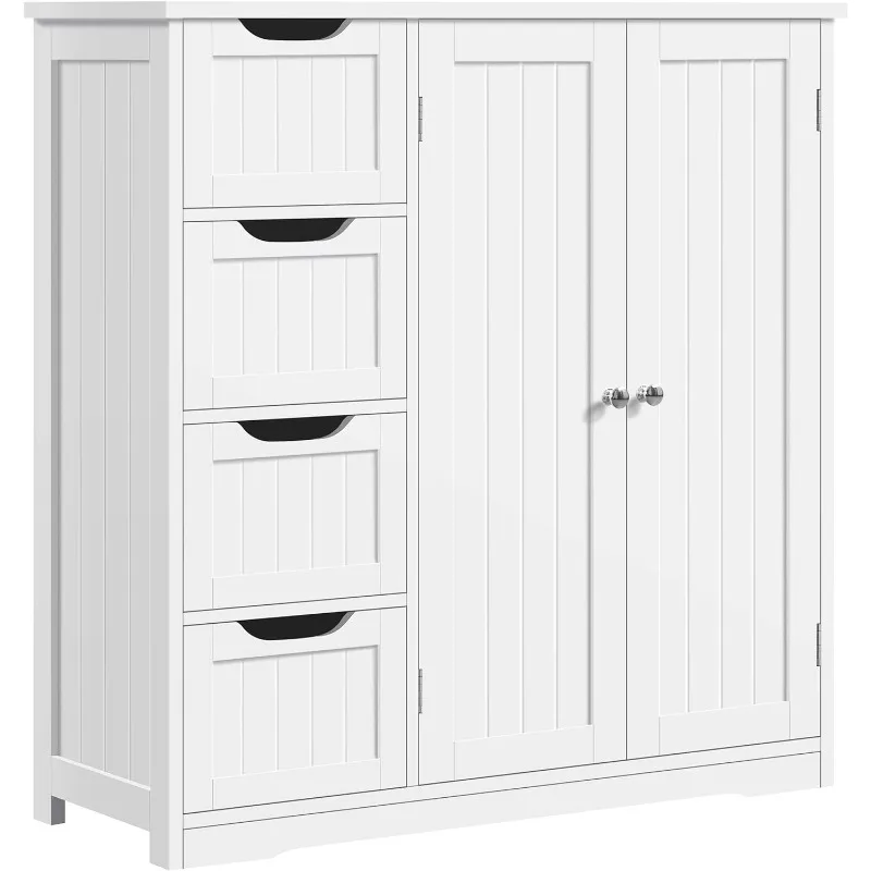 

Wooden Bathroom Floor Cabinet, Side Storage Organizer Cabinet with 4 Drawers & Double Doors, Freestanding Entryway Storage